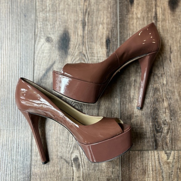 Brian Atwood Patent Leather Peep-Toe Stiletto Wine/Brown Women's Size 8.5 - Picture 1 of 12